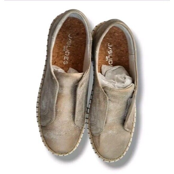 J Slides Slip On Sneaker Size 6 New Kayla Leather Cork Metallic Tab Whipstitch - Picture 2 of 13